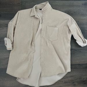 Beige, Zara, corduroy boyfriend button down shirt. Size medium.